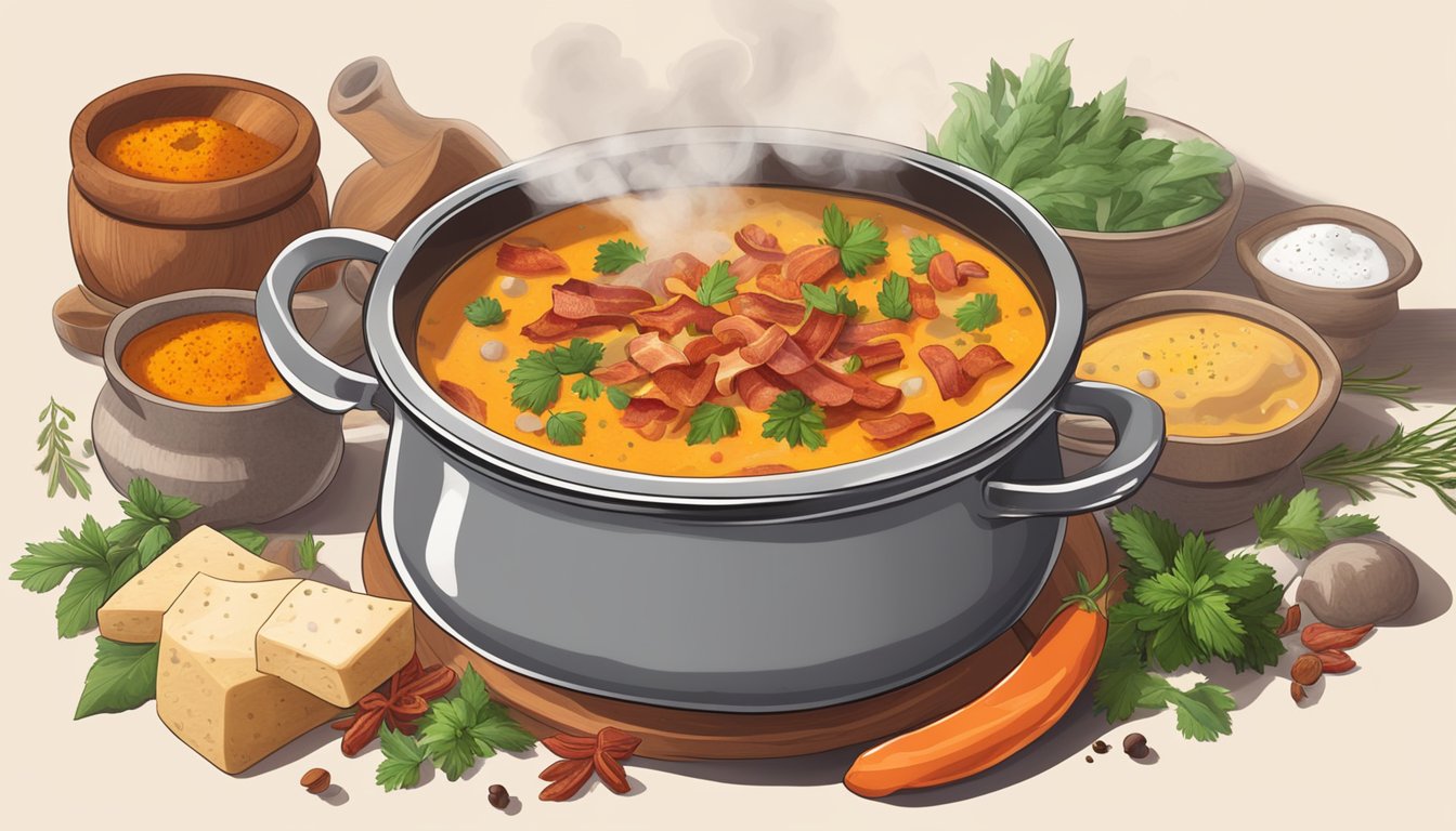 A steaming pot of smoked paprika and bacon chowder surrounded by colorful spices and herbs