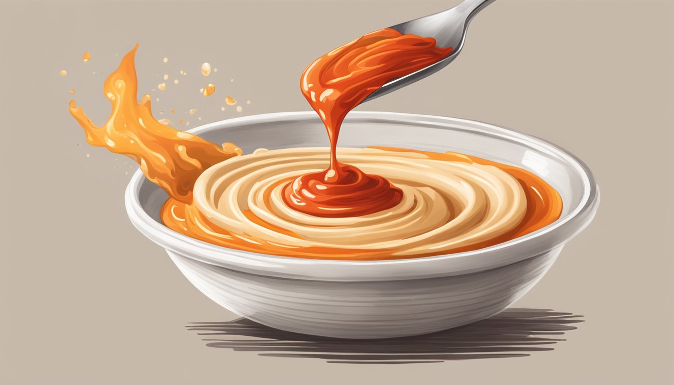 A dollop of Sriracha drizzles onto a mound of hummus, adding a fiery red swirl to the creamy dip