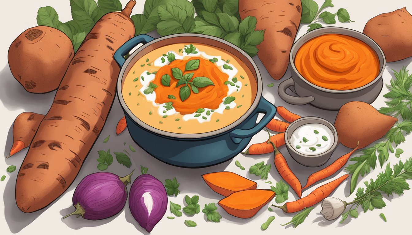 A steaming pot of cayenne sweet potato chowder surrounded by vibrant whole sweet potatoes, fresh herbs, and a scattering of fiery red cayenne peppers