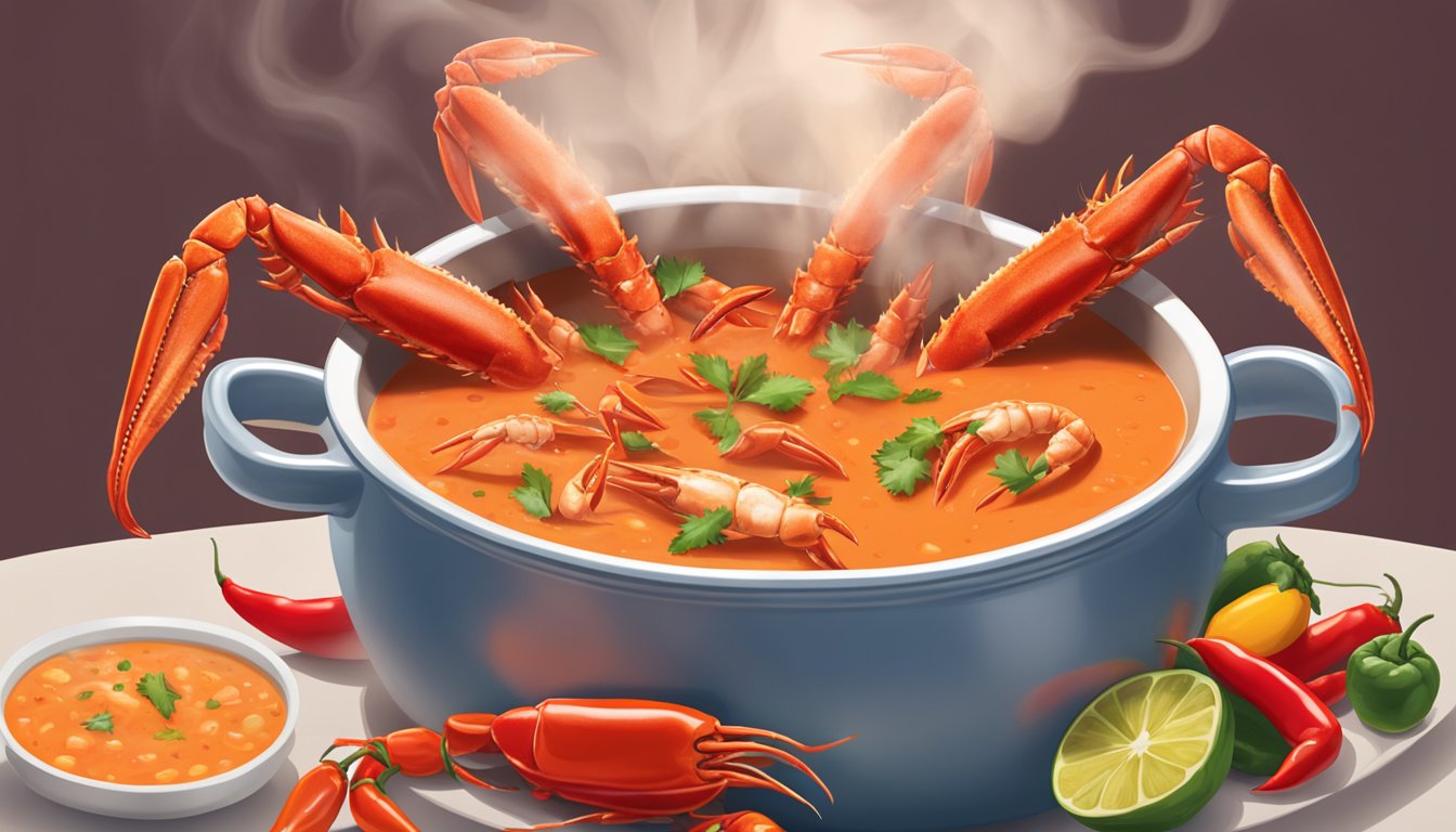 A steaming pot of spicy tomato crab chowder surrounded by vibrant red chili peppers and fresh crab legs