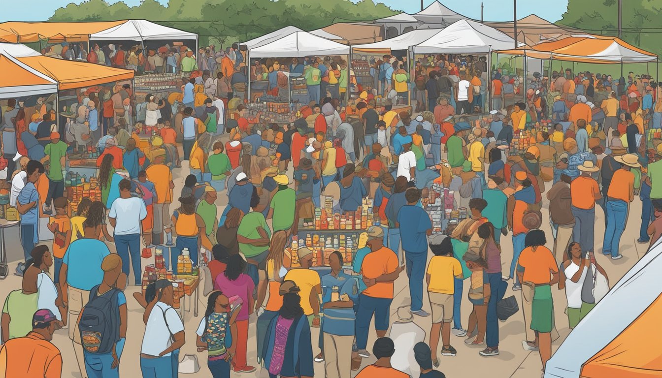 Crowds gather at Wing Ding Hot Sauce Festival in Port Arthur, Texas. Vendors display a variety of hot sauces while visitors sample and enjoy live music