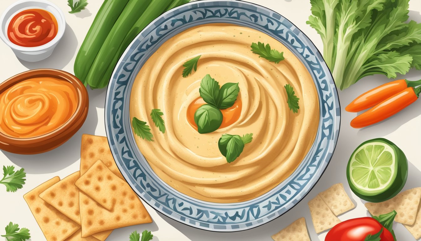 A small bowl of hummus with a dollop of Tabasco sauce on top, surrounded by pita chips and fresh vegetables