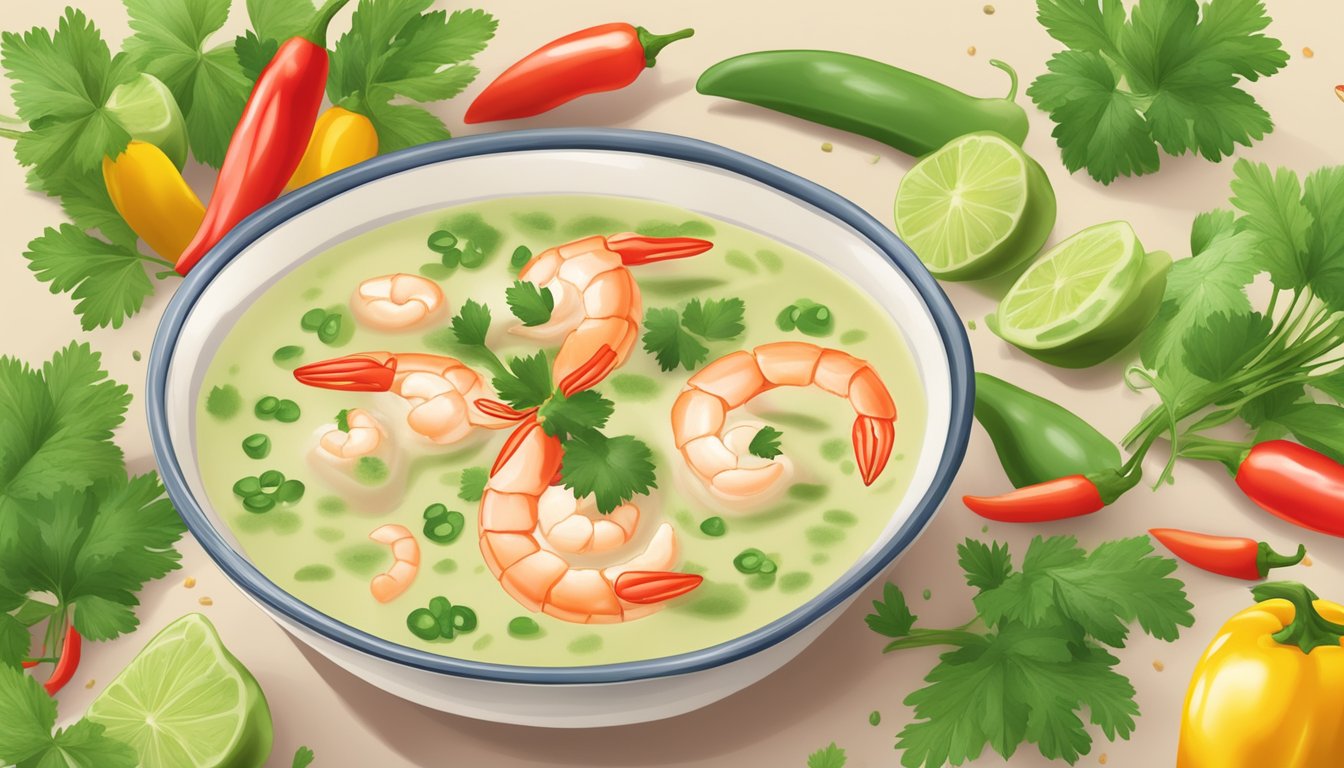 A steaming bowl of wasabi shrimp chowder surrounded by colorful chili peppers and a sprinkle of fresh cilantro