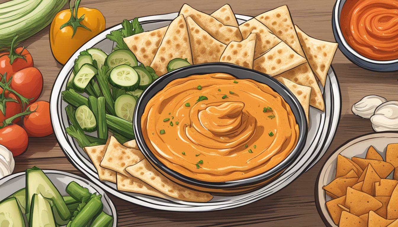 A bowl of hummus with a dollop of Frank's RedHot Original sauce on top, surrounded by pita chips and fresh vegetables