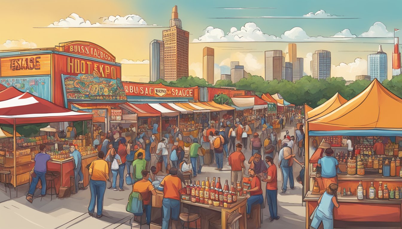 A bustling hot sauce expo in Houston, featuring vendors, tasting booths, and live music, with a fiery Texas-inspired backdrop