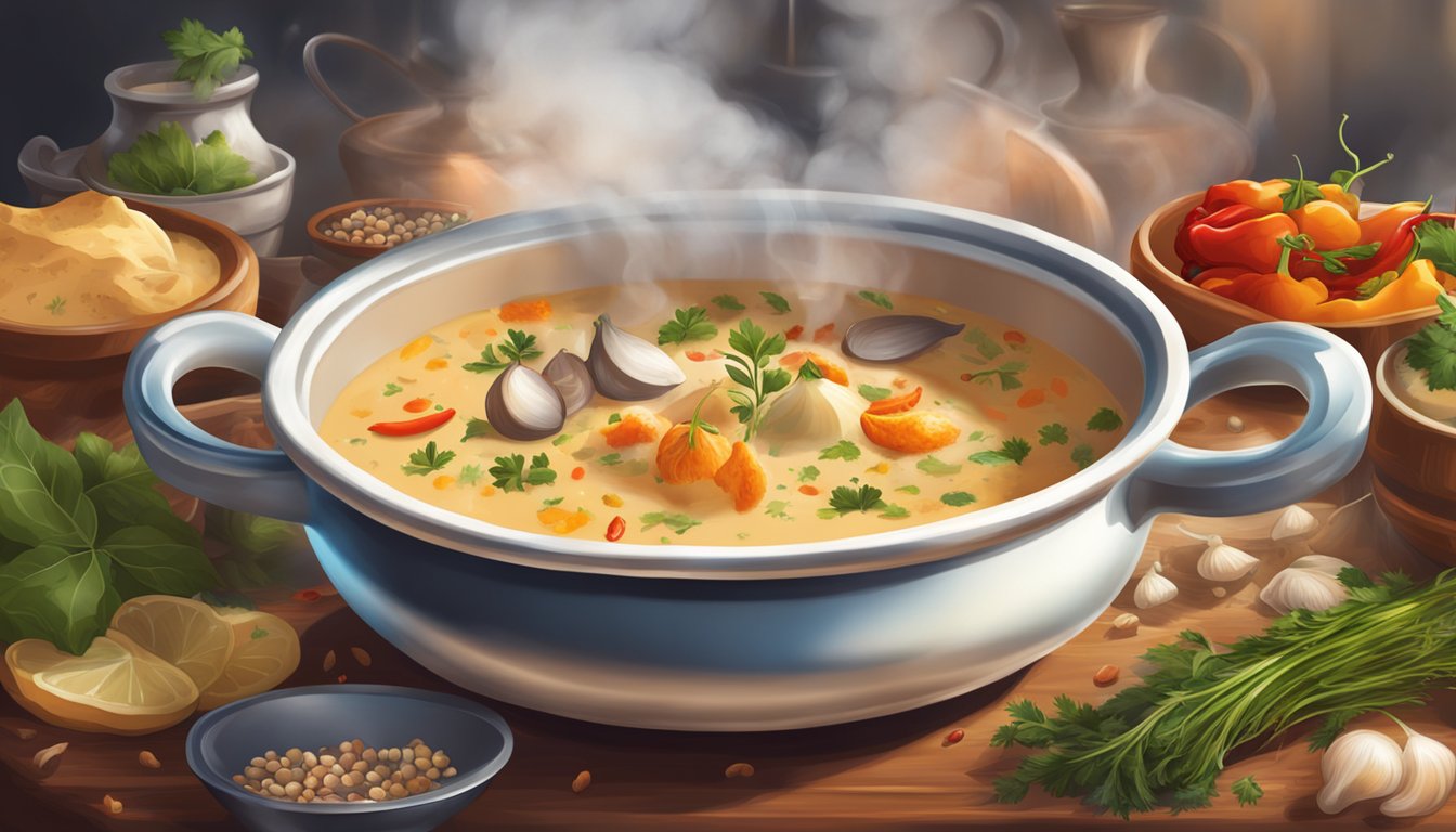 A steaming pot of chowder surrounded by vibrant spices and herbs, with a hint of chili pepper adding a fiery touch to the rich, creamy broth