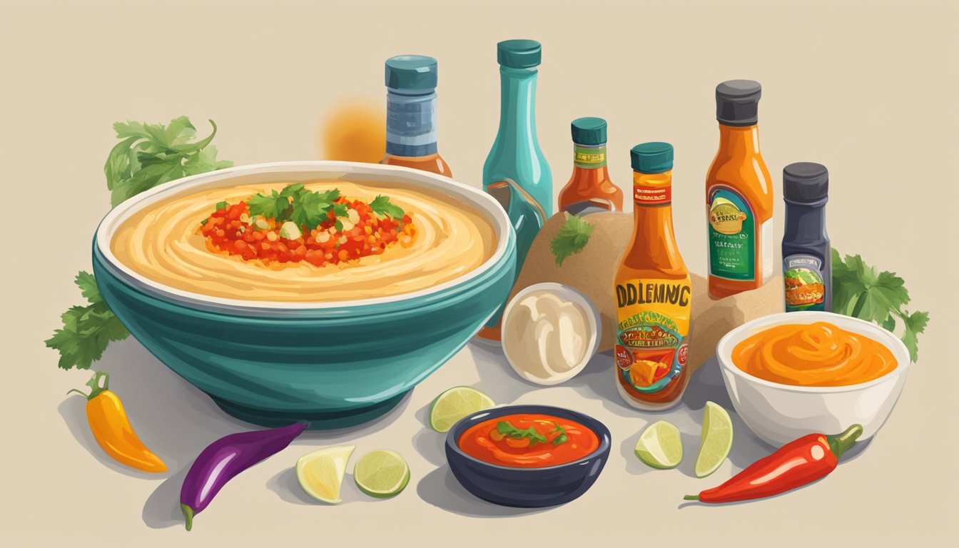 A bowl of hummus with a dollop of Valentina Salsa Picante on top, surrounded by various hot sauce bottles