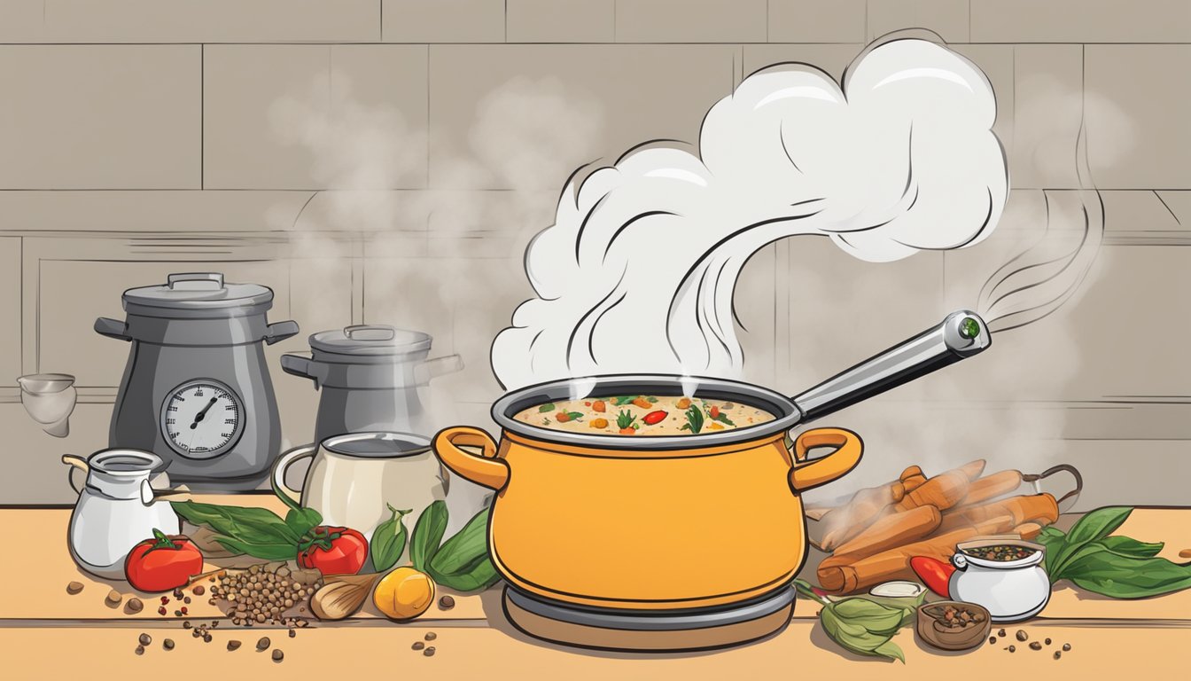 A steaming pot of chowder surrounded by various spices and peppers, with a thermometer gauge showing the heat level