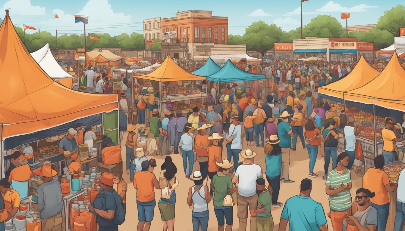 A bustling Texas hot sauce festival with vendors, live music, and crowds of people sampling and purchasing various spicy sauces