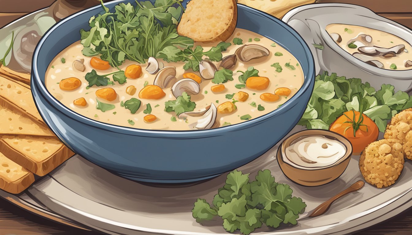 A steaming bowl of spicy chowder sits next to a variety of sides, including crusty bread, oyster crackers, and a colorful salad