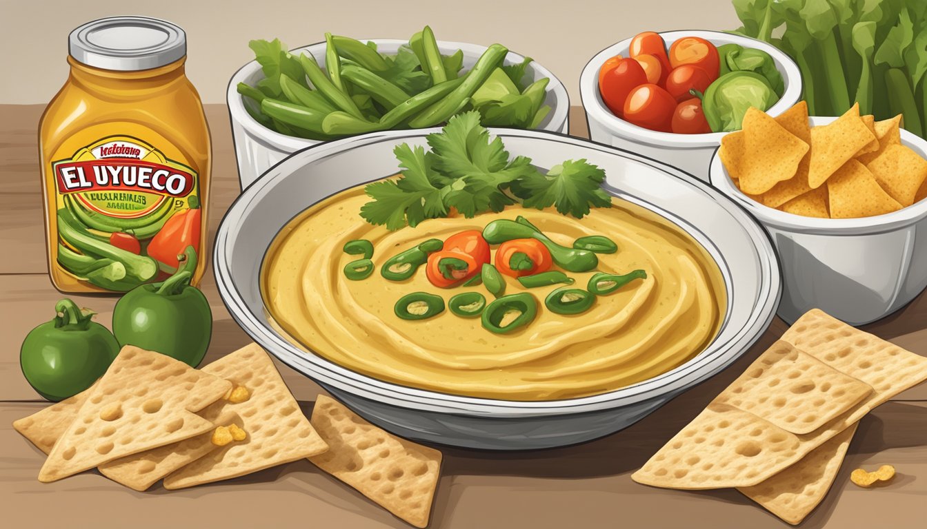 A bowl of hummus with a dollop of El Yucateco Green Chile Habanero hot sauce on top, surrounded by pita chips and fresh vegetables