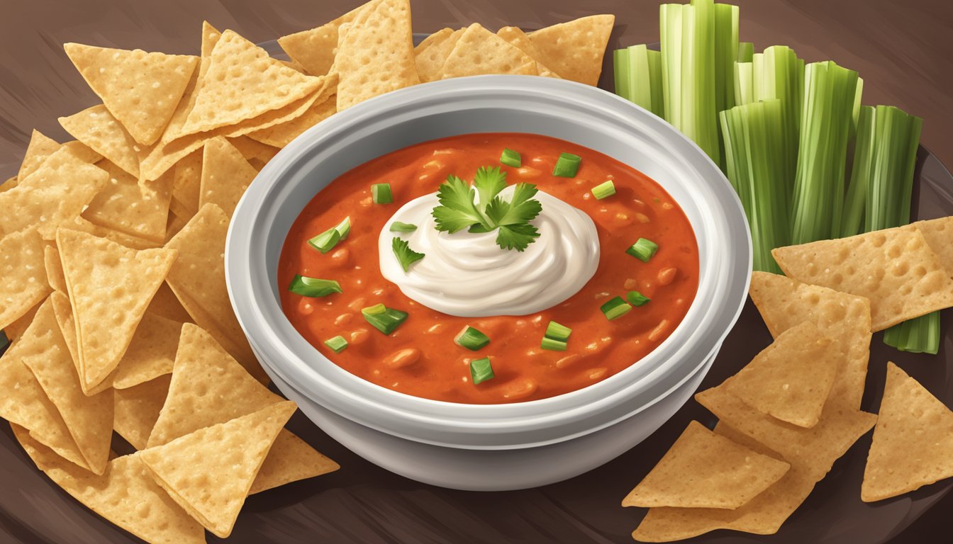 A bowl of creamy dip with a dollop of Tabasco Original Red Sauce on top, surrounded by tortilla chips and celery sticks