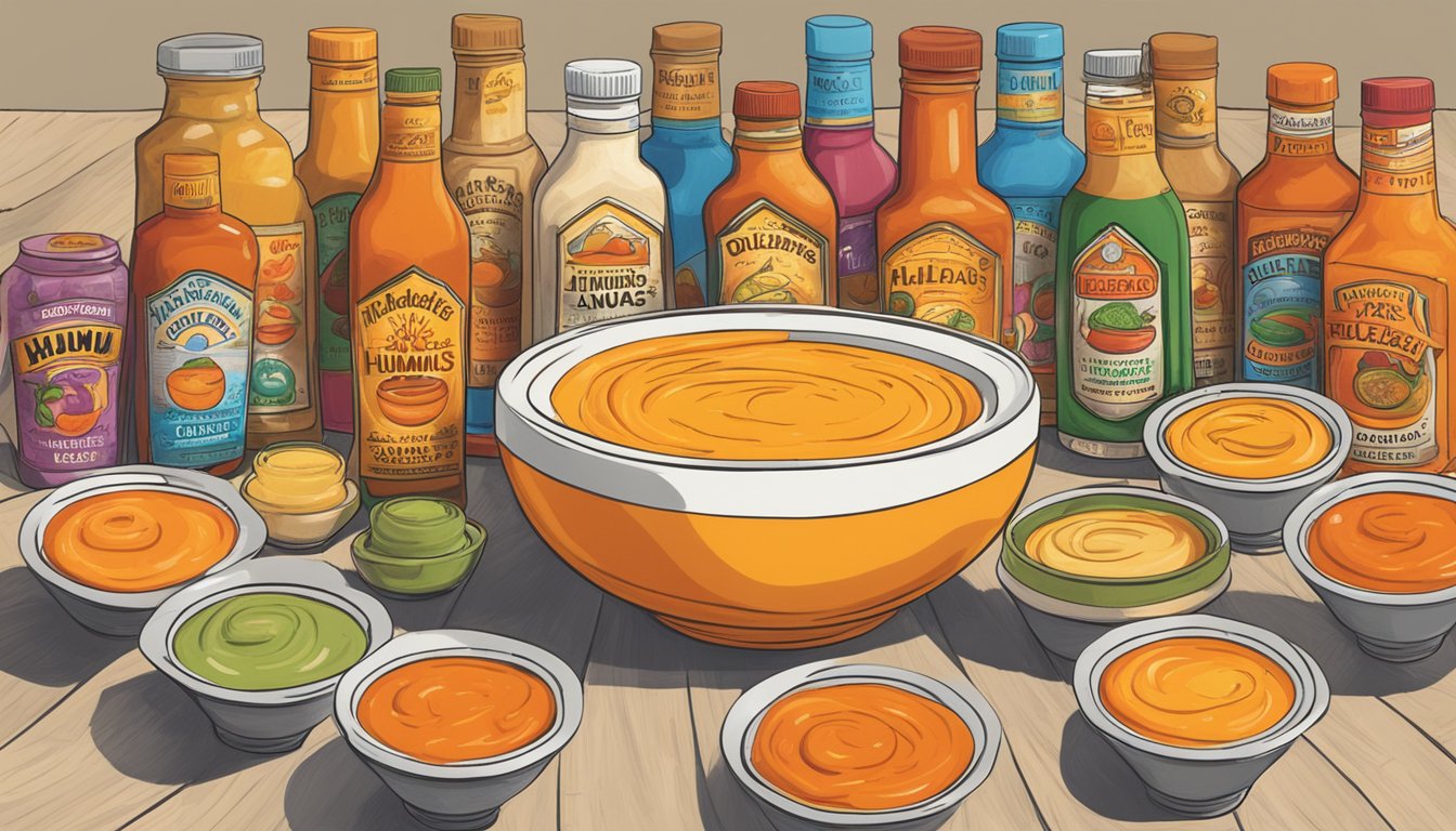 A bowl of hummus with a dollop of Melinda's Original Habanero hot sauce on top, surrounded by a variety of other hot sauce bottles