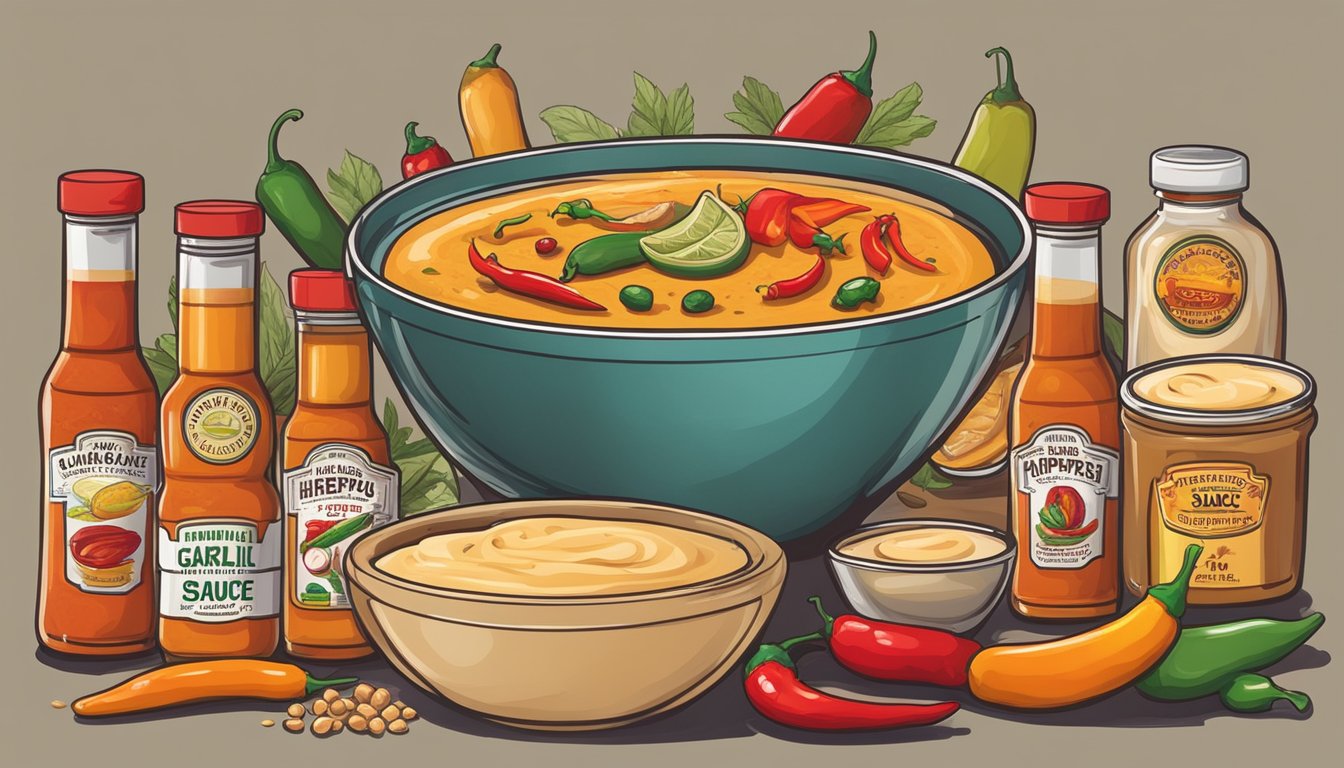 A colorful array of hot sauce bottles surrounding a bowl of hummus, with ingredients like chili peppers, garlic, and spices depicted on the labels