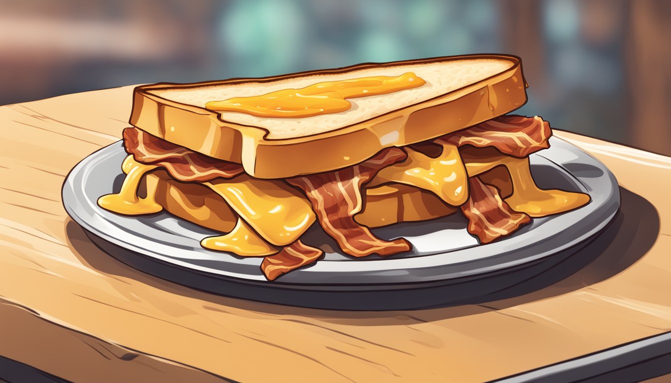 A sizzling grilled cheese sandwich oozing with melted cheese and crispy bacon, drizzled with fiery Sriracha sauce