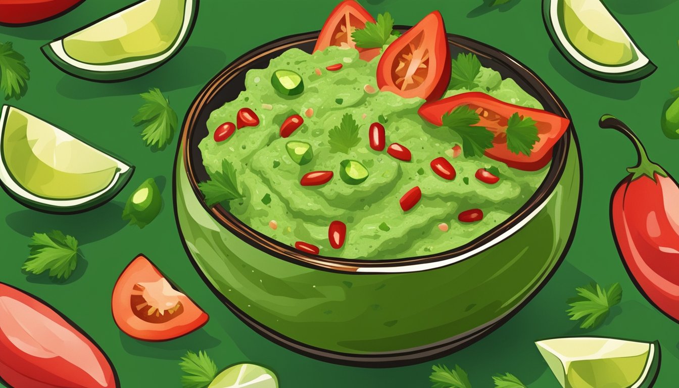 A bowl of vibrant green guacamole with chunks of avocado and flecks of red chili and lime zest, surrounded by fresh cilantro and sliced jalapeños