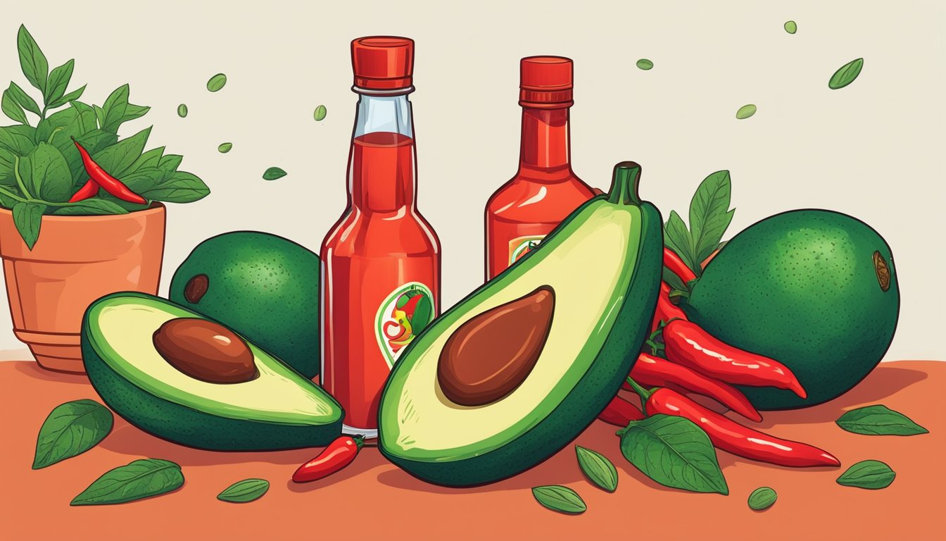 A vibrant red Sriracha bottle next to a halved avocado with a pit, surrounded by scattered chili peppers and cilantro leaves