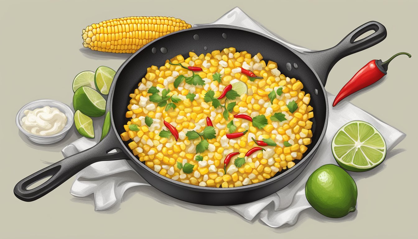 A sizzling skillet with bubbling cheese and corn, surrounded by chili peppers and lime wedges