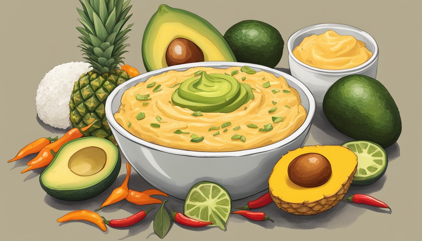 A bowl of habanero pineapple dip surrounded by various spicy ingredients and avocados