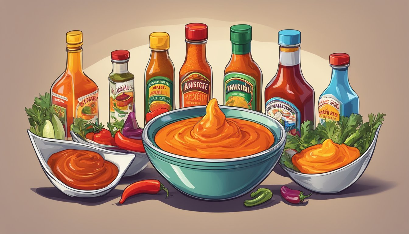 A variety of hot sauce bottles arranged around a bowl of dip, with colorful labels and different shaped bottles