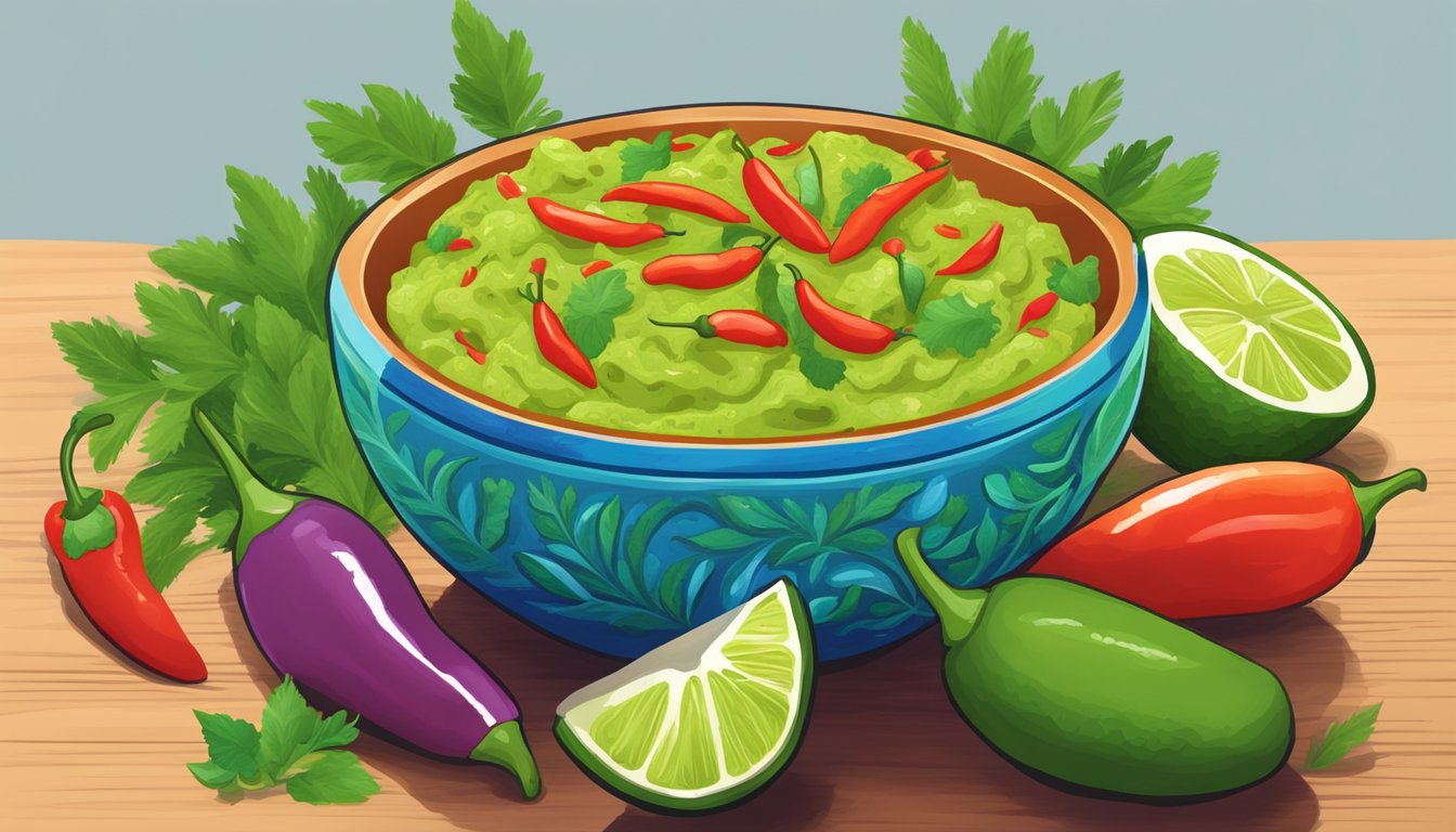 A vibrant bowl of guacamole surrounded by colorful Thai chili peppers, cilantro, and lime slices