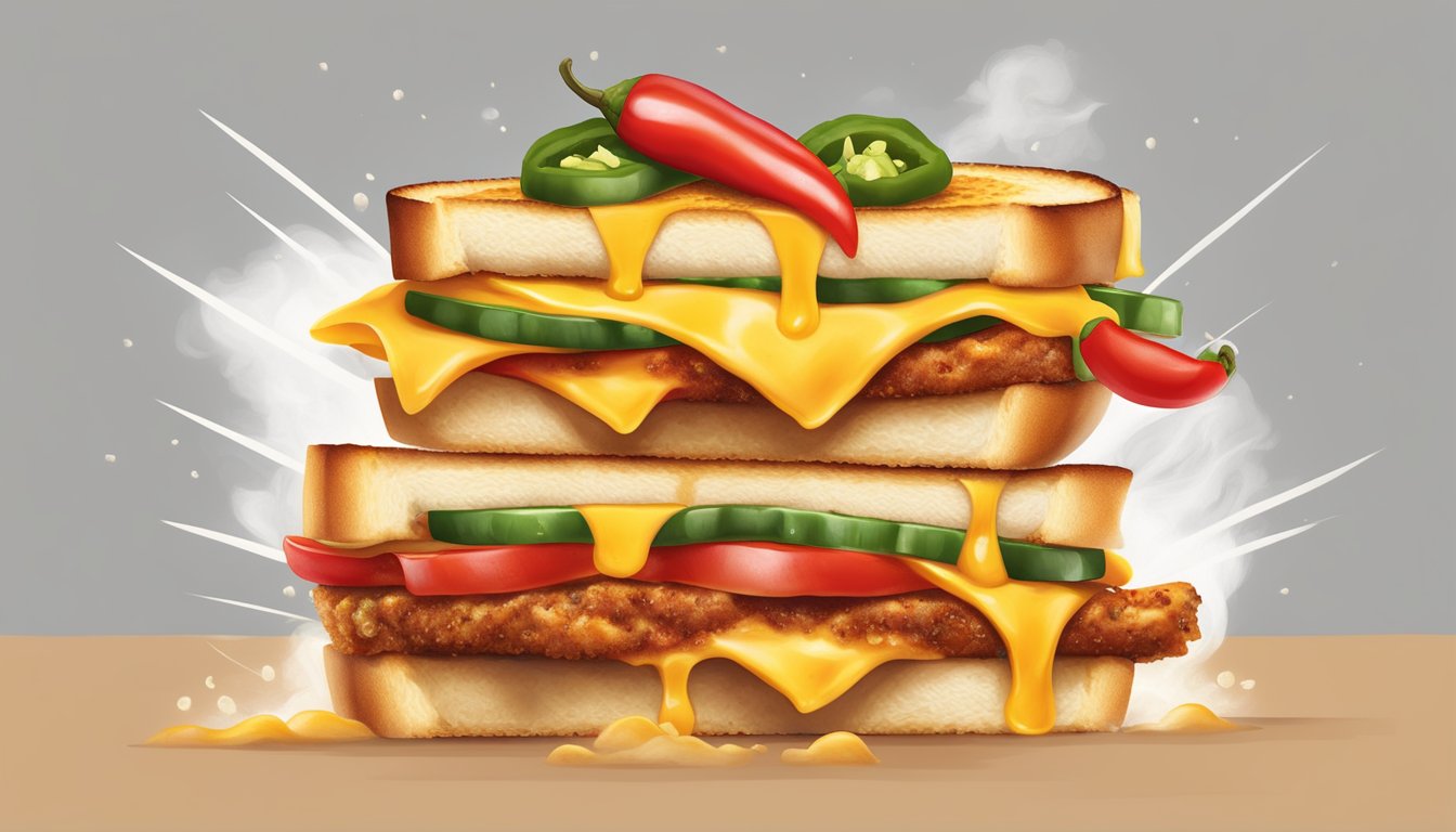 A sizzling grilled cheese sandwich with fiery red chili peppers and spicy jalapeno slices, surrounded by a cloud of steam