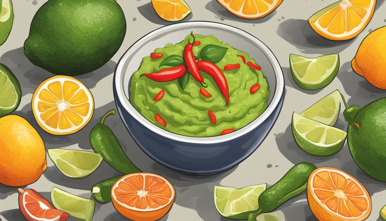 A bowl of guacamole surrounded by halved cayenne peppers and slices of citrus fruit