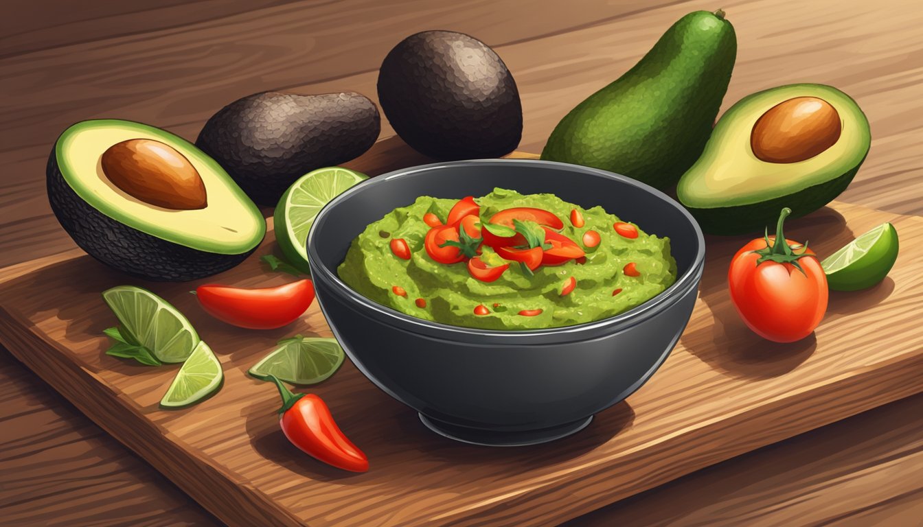 A bowl of smoky ancho guacamole surrounded by sliced avocados, tomatoes, and chili peppers on a wooden table