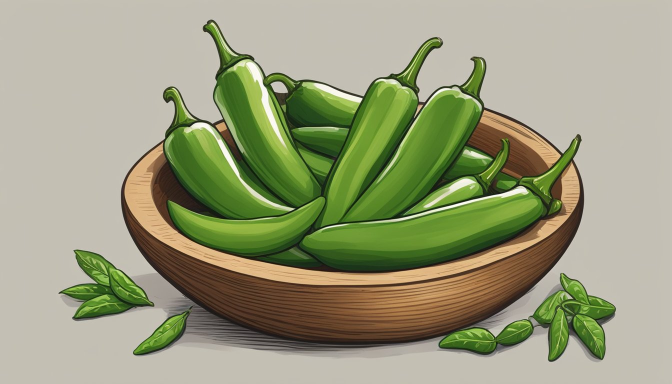 A mortar and pestle crushing serrano peppers, cilantro, and avocado