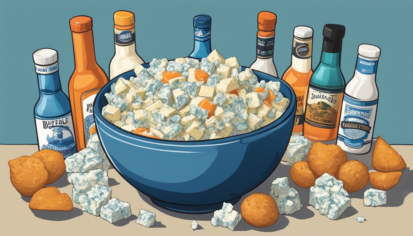 A bowl of buffalo blue cheese potato salad surrounded by hot sauce bottles and chunks of blue cheese