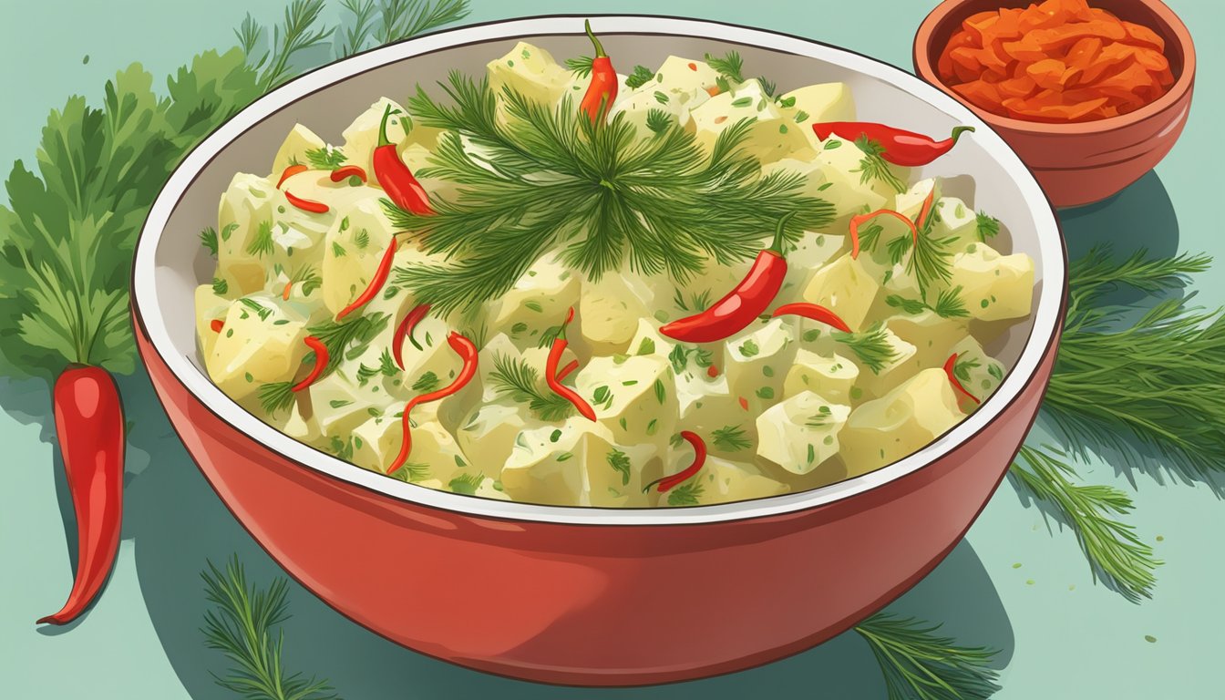 A vibrant bowl of Sriracha dill potato salad, with red chili peppers and fresh dill scattered around