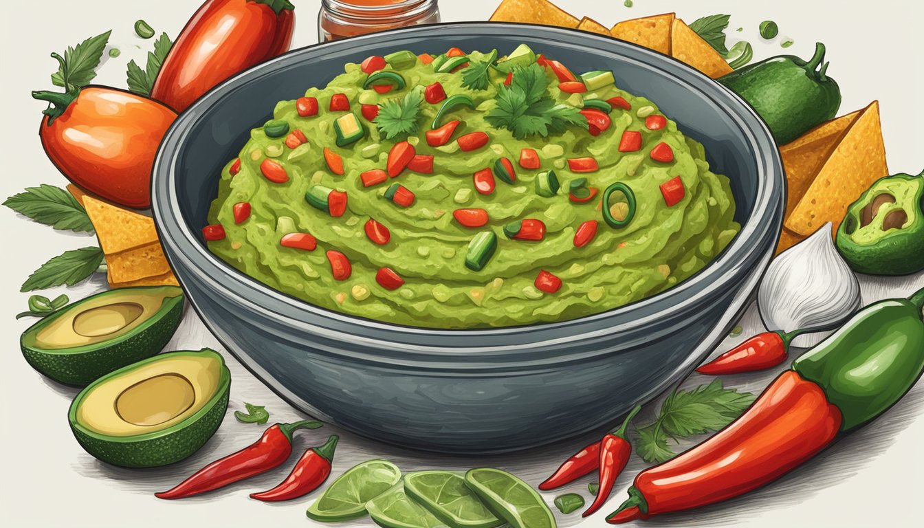 A bowl of guacamole surrounded by a variety of spicy ingredients such as jalapenos, red chili peppers, and hot sauce