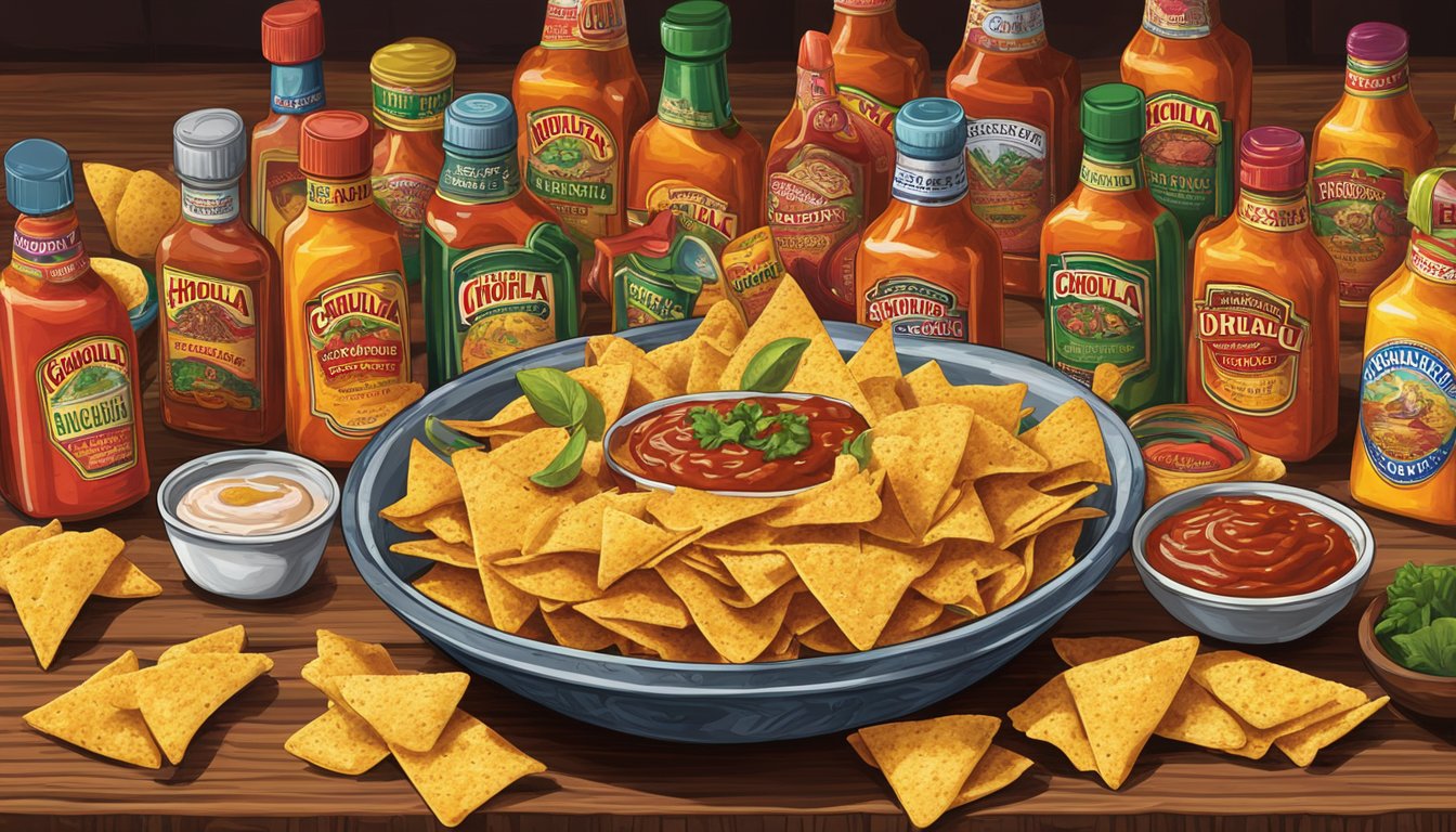 A bowl of nachos topped with Cholula Original Hot Sauce, surrounded by a variety of other hot sauce bottles on a wooden table