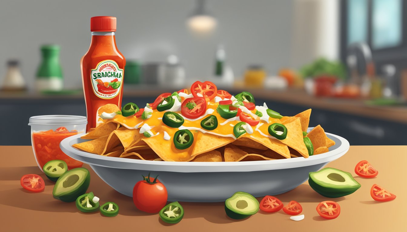 A bottle of Sriracha hot chili sauce surrounded by a plate of loaded nachos with melted cheese, jalapenos, and diced tomatoes