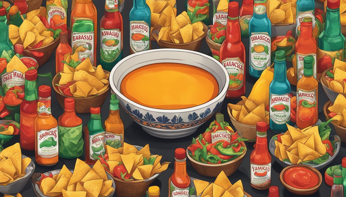 A bowl of nachos topped with Tabasco Habanero Sauce, surrounded by colorful bottles of hot sauce