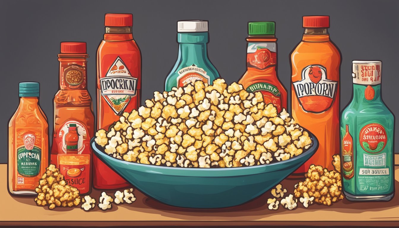 A bowl of popcorn topped with Sriracha sauce, surrounded by various hot sauce bottles