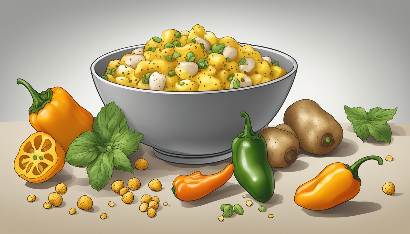 A bowl of potato salad with habanero mustard, surrounded by whole habanero peppers and mustard seeds