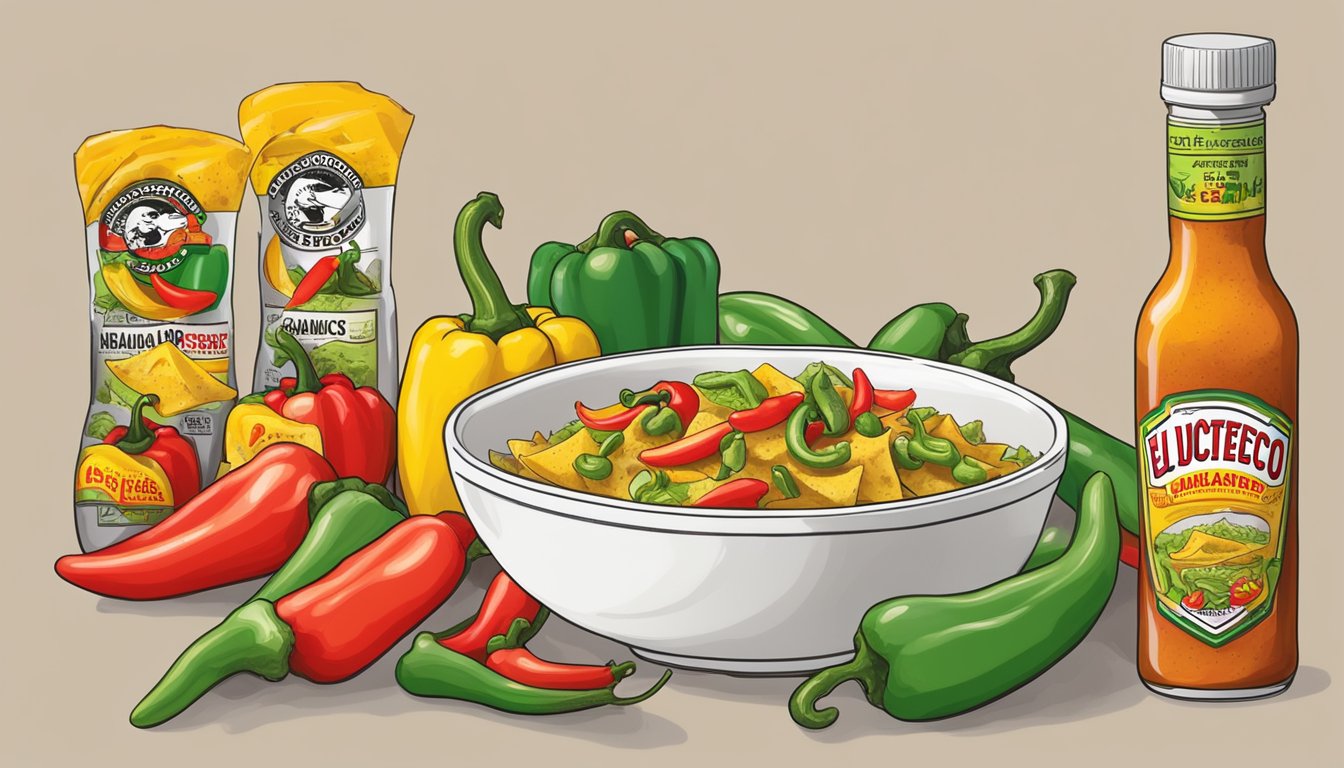 A bowl of nachos topped with El Yucateco Green Chile Habanero Sauce, surrounded by colorful peppers and a bottle of hot sauce