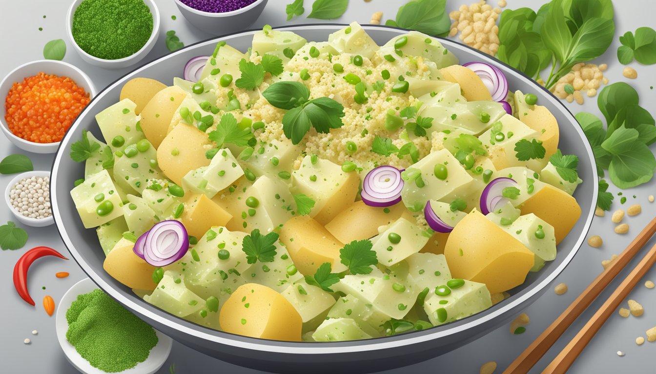 A vibrant bowl of potato salad with wasabi and sesame seeds, surrounded by colorful ingredients and spicy condiments