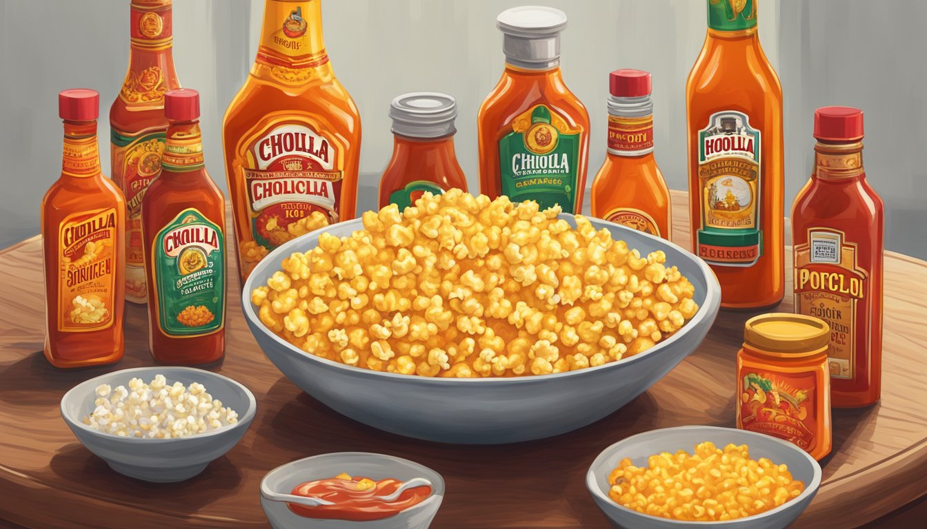 A bowl of popcorn topped with Cholula Hot Sauce, surrounded by various bottles of hot sauce on a table