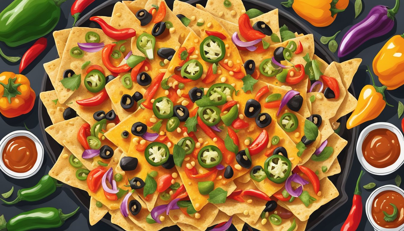 A colorful array of nachos topped with Melinda's Original Habanero Pepper Sauce, surrounded by vibrant chili peppers and jalapeños