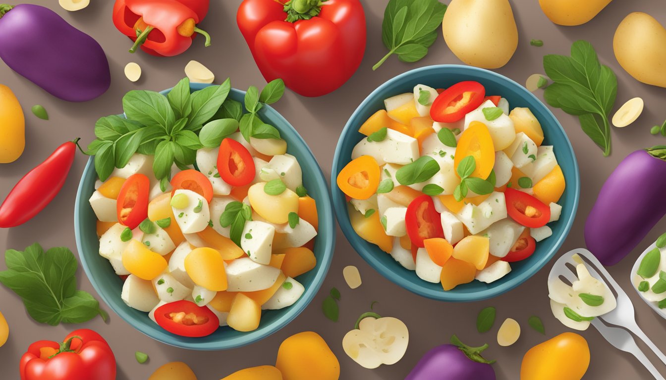 A bowl of Peruvian rocoto potato salad surrounded by vibrant red rocoto peppers and colorful potatoes