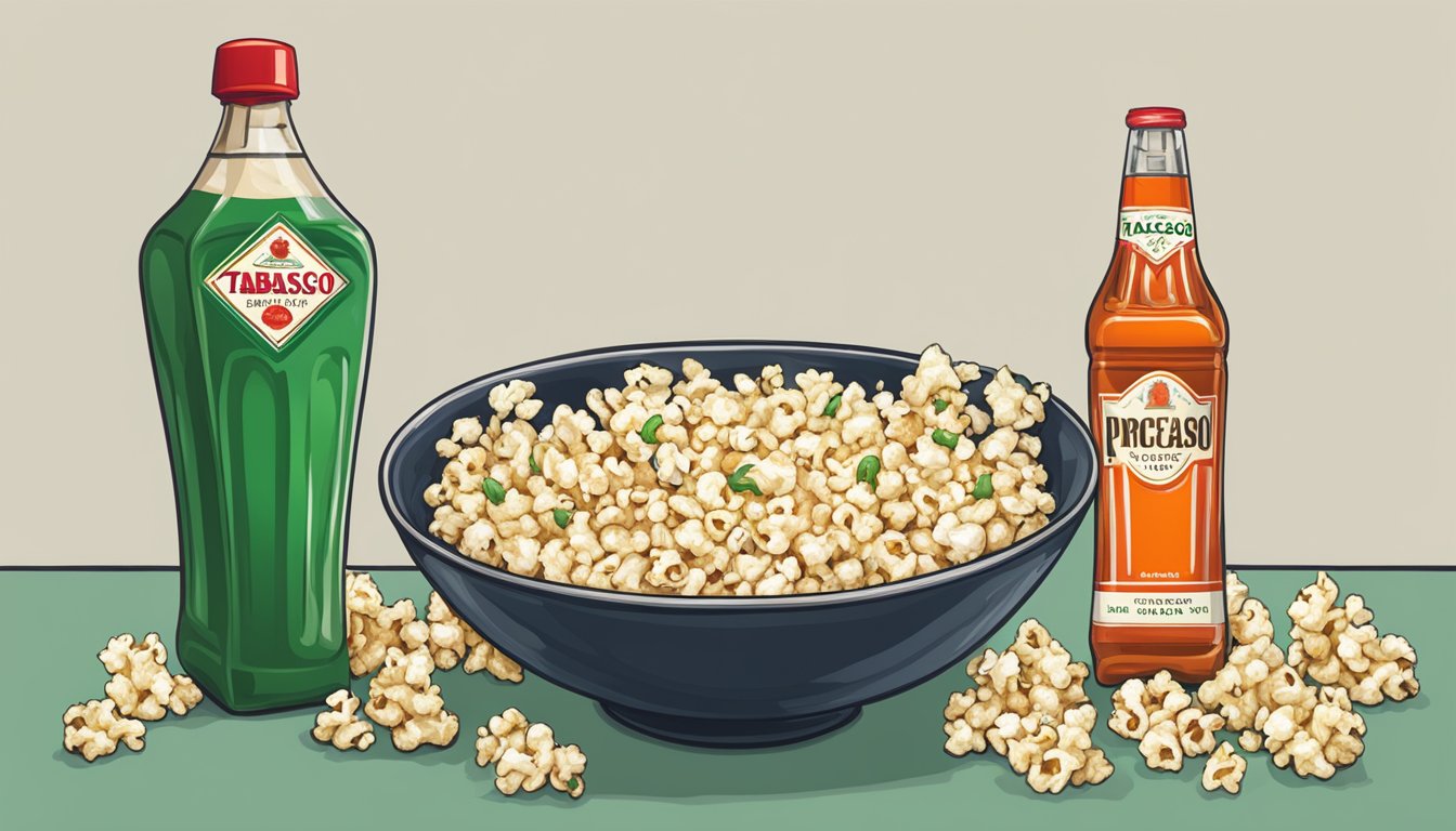 A bowl of popcorn with a bottle of Tabasco Green Pepper Sauce next to it