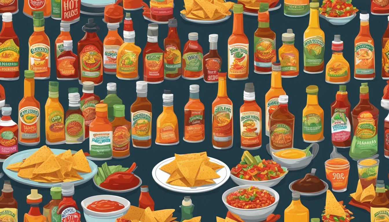 A colorful array of hot sauce bottles arranged next to a plate of loaded nachos, with varying degrees of spiciness indicated on the labels