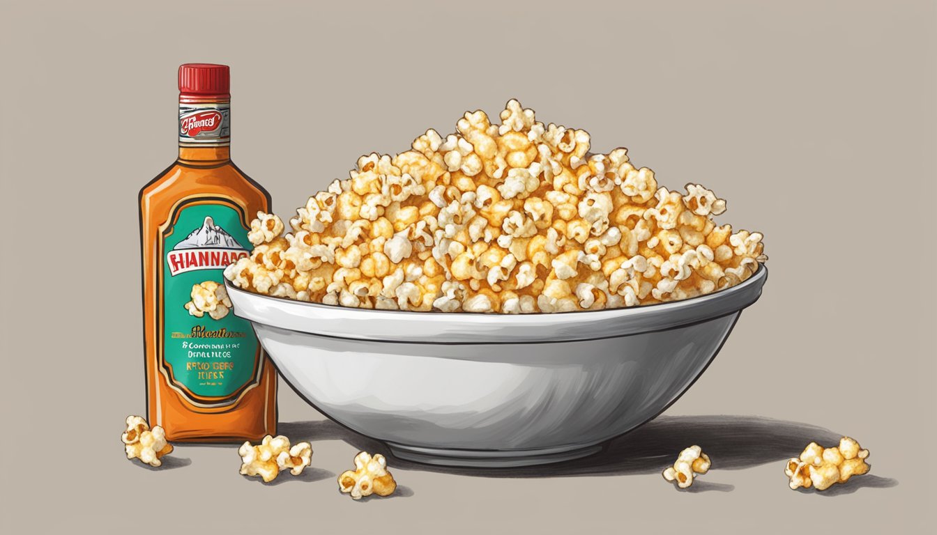 A bowl of popcorn with a bottle of Marie Sharp's Habanero Pepper Sauce next to it