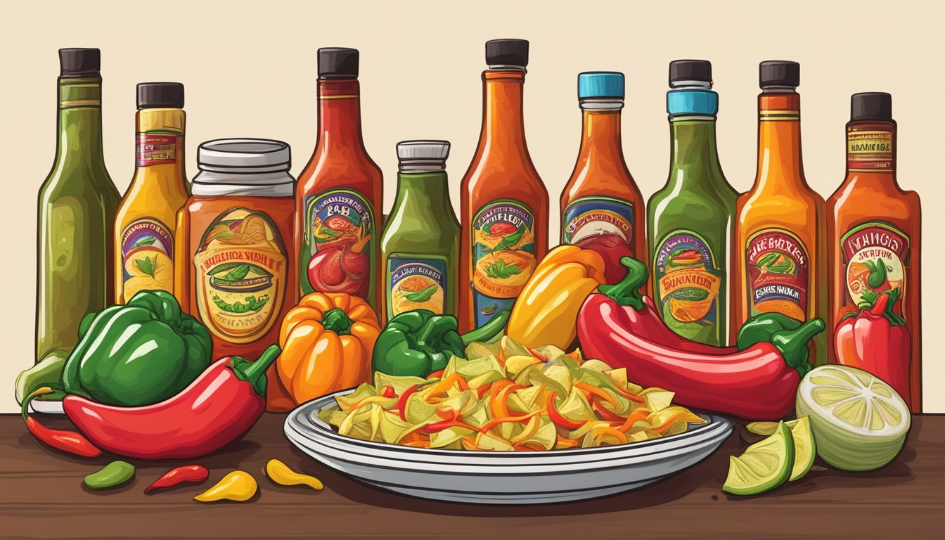 A colorful array of spicy peppers, tangy vinegar, and zesty garlic and onions, all blending together to create the perfect hot sauce for drizzling over a heaping plate of nachos