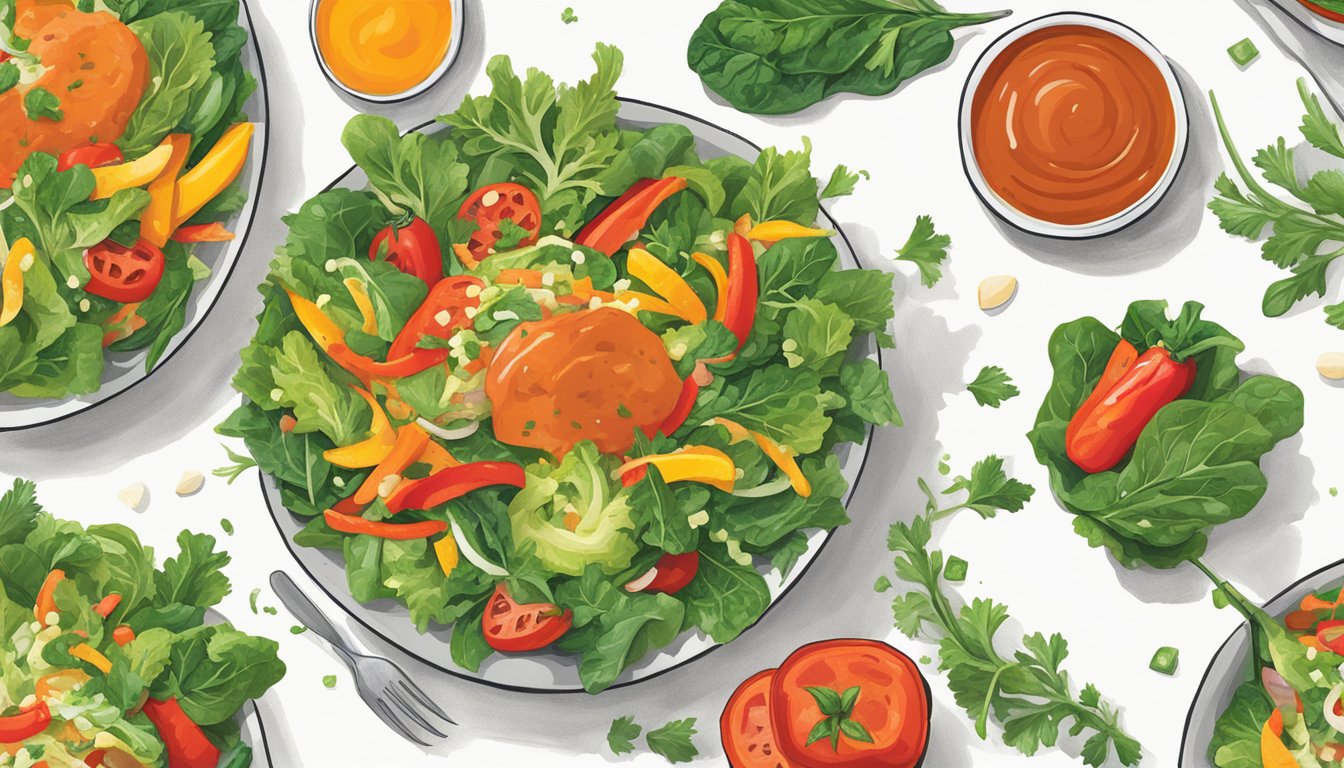 A vibrant salad bowl with a drizzle of Frank's RedHot Original Cayenne Pepper Sauce. Fresh greens, colorful vegetables, and a bottle of hot sauce