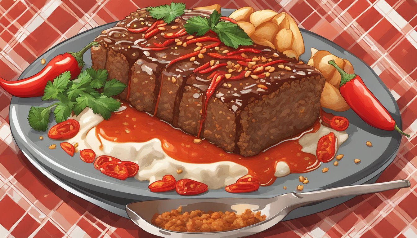 A sizzling meatloaf with Sriracha drizzle, surrounded by fiery red chili peppers and garlic cloves