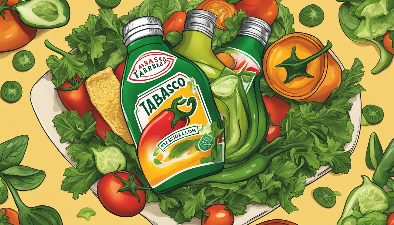 A bottle of Tabasco Green Jalapeño Sauce pouring over a colorful salad