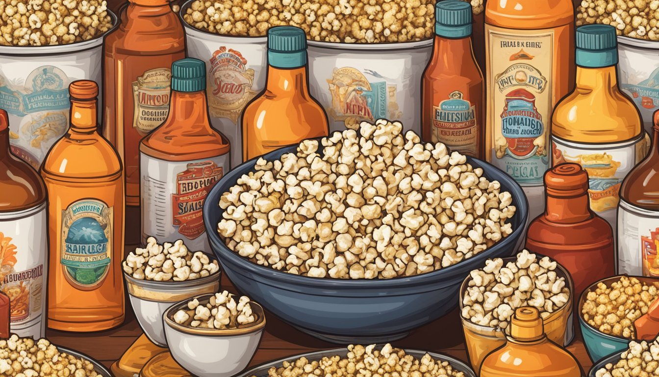 A bowl of freshly popped popcorn surrounded by various bottles of hot sauce, each with a unique label and color, emitting a tantalizing aroma